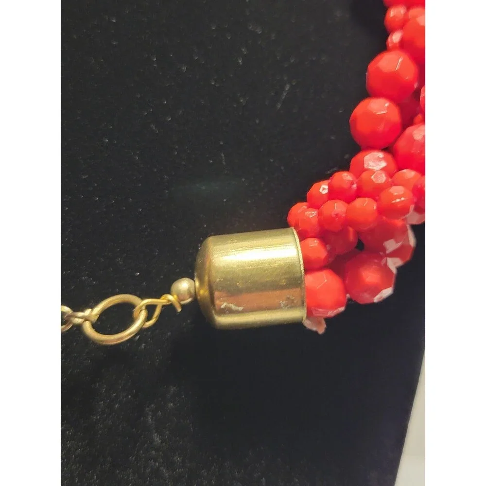 Chunky Red Statement Necklace Multi-Strand Faceted Beaded Bib Boho Festive
